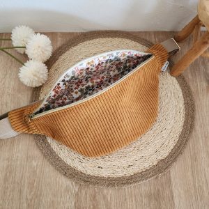 Sac Banane personnalisable Velours côtelé moutarde et imprimé fleuri