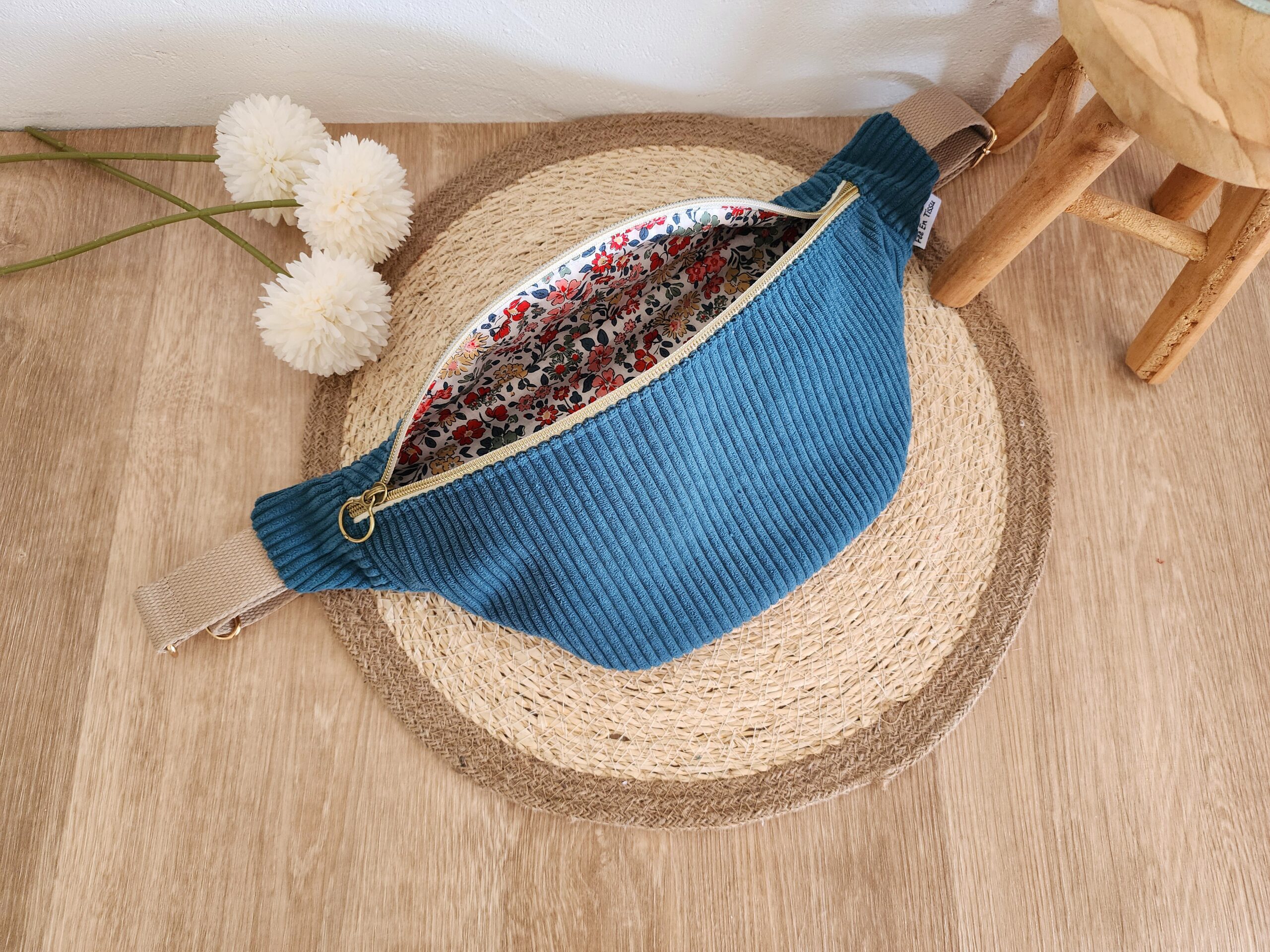 Sac Banane personnalisable Velours côtelé bleu canard et imprimé fleuri