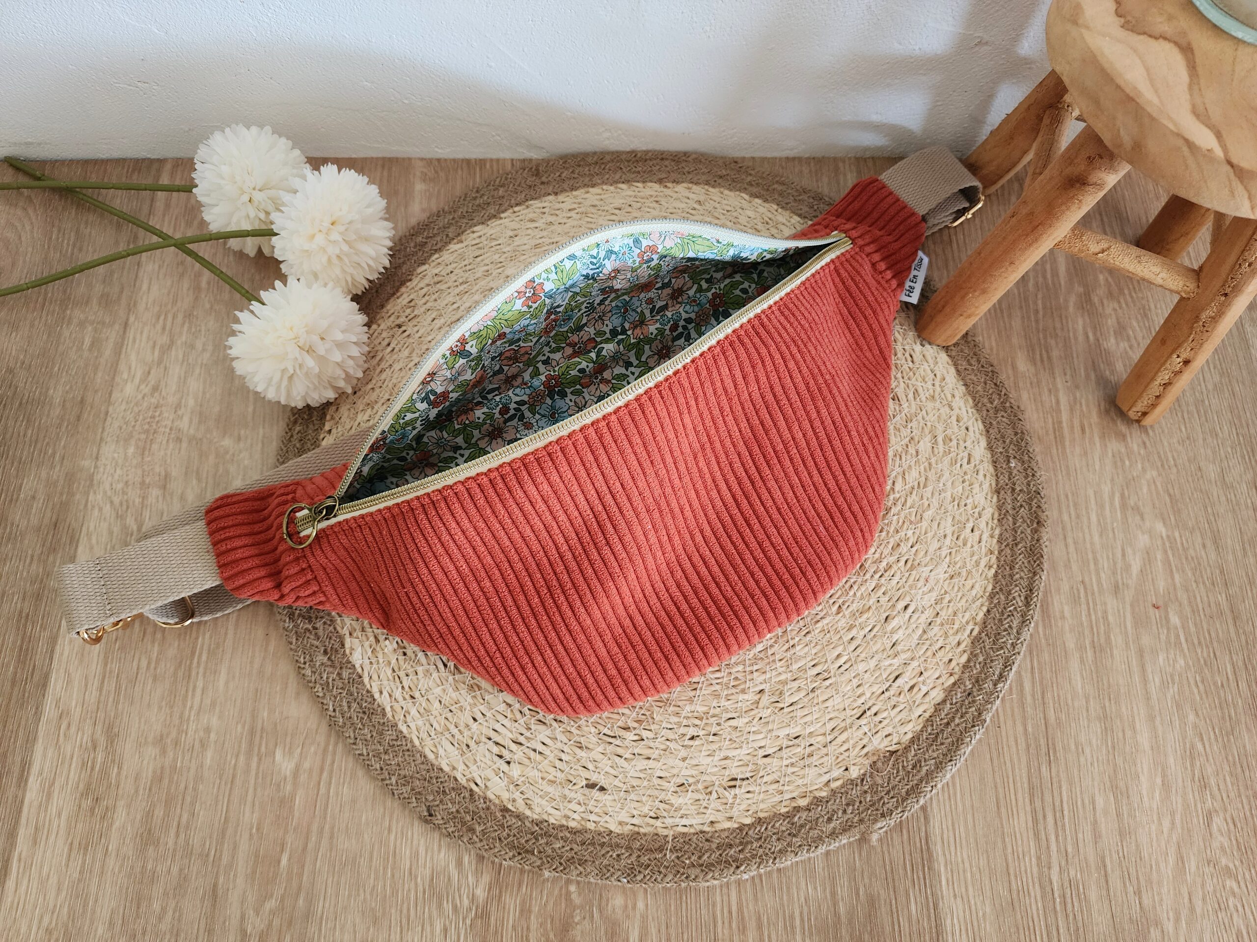 Sac Banane personnalisable Velours côtelé terracotta et imprimé fleuri