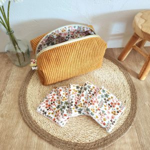 Trousse de toilette personnalisable Velours côtelé moutarde et imprimé fleuri