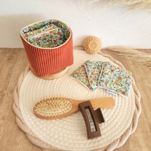 Lingettes lavables avec pochon de rangement Velours côtelé terracotta et imprimé fleuri