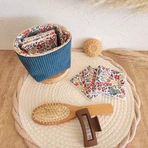 Lingettes lavables avec pochon de rangement Velours côtelé bleu canard et imprimé fleuri