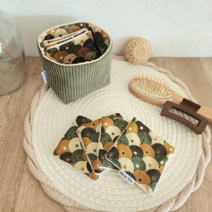 Lingettes lavables avec pochon de rangement Velours côtelé vert et imprimé fleuri
