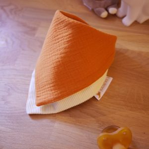 Bavoir bandana réversible Gaze de coton orange et velours