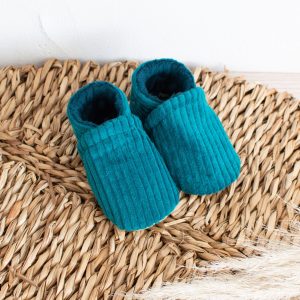 Chaussons souples enfant velours côtelé vert canard, polaire minky