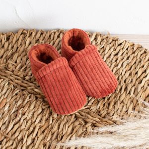 Chaussons souples enfant velours côtelé terracotta, polaire minky