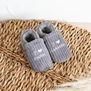 Chaussons souples enfant velours côtelé gris, polaire minky