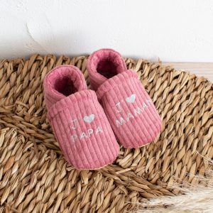 Chaussons bébé souples velours côtelé rose, polaire minky