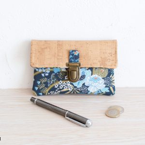 Portefeuille femme compact Simili cuir liège Tissu imprimé fleuri Bleu