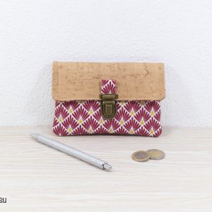 Portefeuille femme compact Simili cuir liège Tissu imprimé fleuri rouge bordeaux