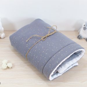 Couverture bébé personnalisée gaze de coton, minky, moutarde à pois doré