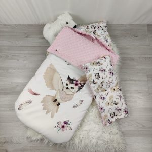 Chancelière – Gants Hiboux Minky rose clair