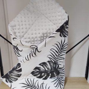 Couverture d’emmaillotage Tissu feuilles noires / Minky blanc