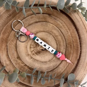 Porte-clé pivoine rose et vert émeraude