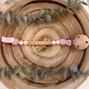 Attache tétine rose barbe à papa et blanc nacré