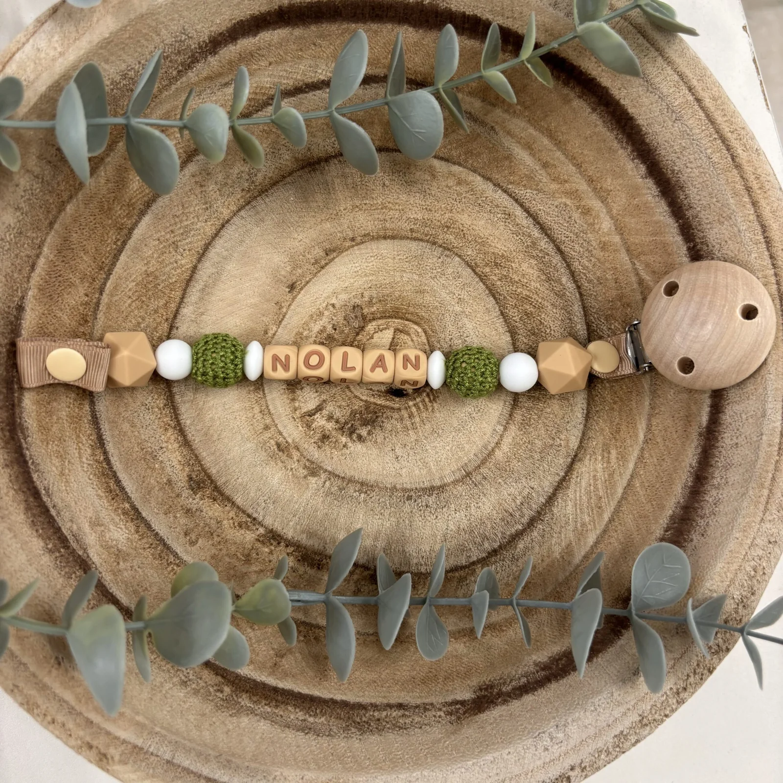 Attache tétine vert et oatmeal