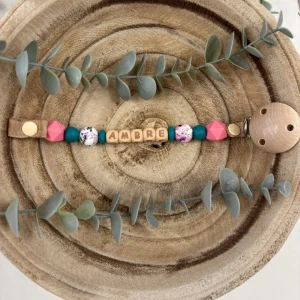 Attache tétine pivoine rose et vert émeraude