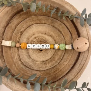 Attache tétine jaune moutarde et vert sage