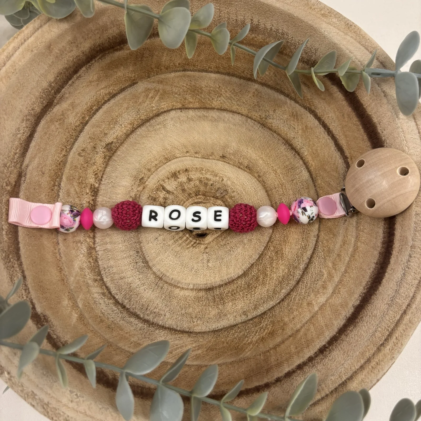 Attache tétine pivoine rose et fuchsia