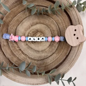 Attache tétine fantaisie cochon et bleu