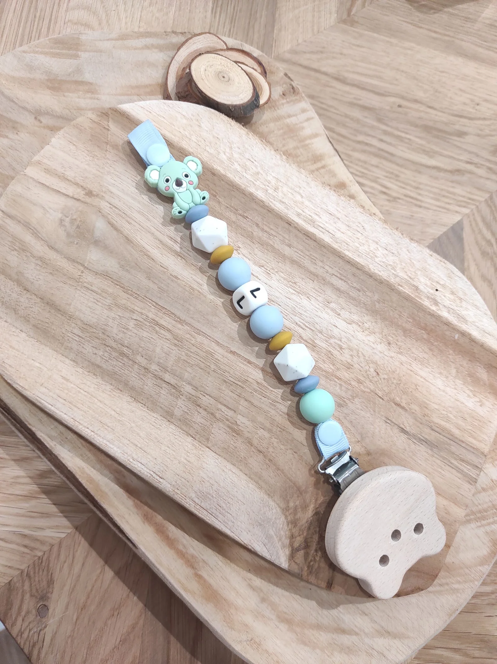 Attache tétine fantaisie koala vert mint et jaune moutarde