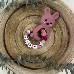 Anneau de dentition pivoine rose et rose thé