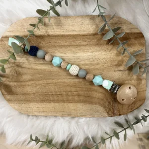 Attache tétine sans prénom –  vert mint et bois- sécurisé et unique