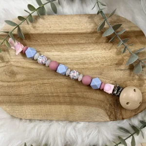 Attache tétine sans prénom –  aconyte flower et bleu ciel- sécurisé et unique