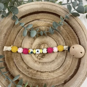 Attache tétine confettis rose quartz et jaune