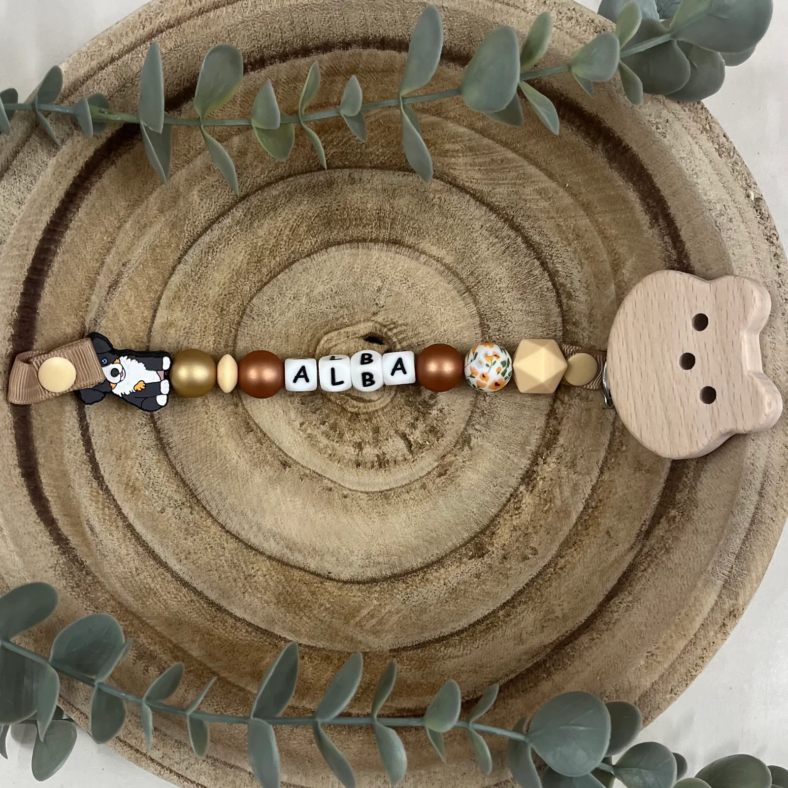 Attache tétine chien et or