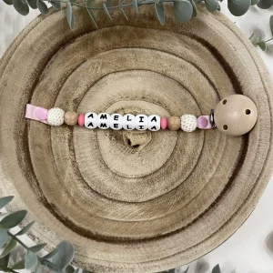 Attache tétine rose et crème