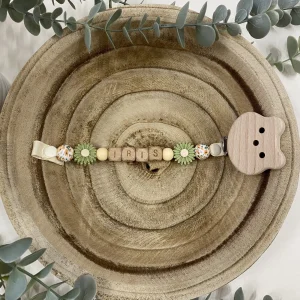 Attache tétine fantaisie fleurs vert sage