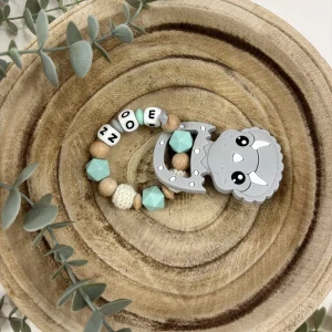 Anneau de dentition vert mint – gris et bois