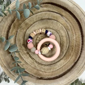 Anneau de dentition pivoine rose et rose quartz