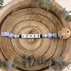 Attache tétine blanc nacré et bleu ciel