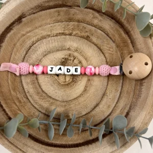 Attache tétine pink flowers framboise