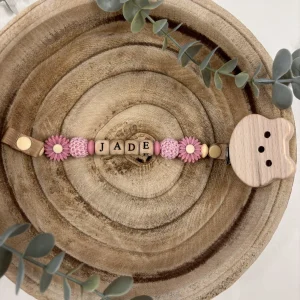 Attache tétine fantaisie marguerite rose thé