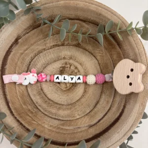 Attache tétine fantaisie licorne et rose framboise