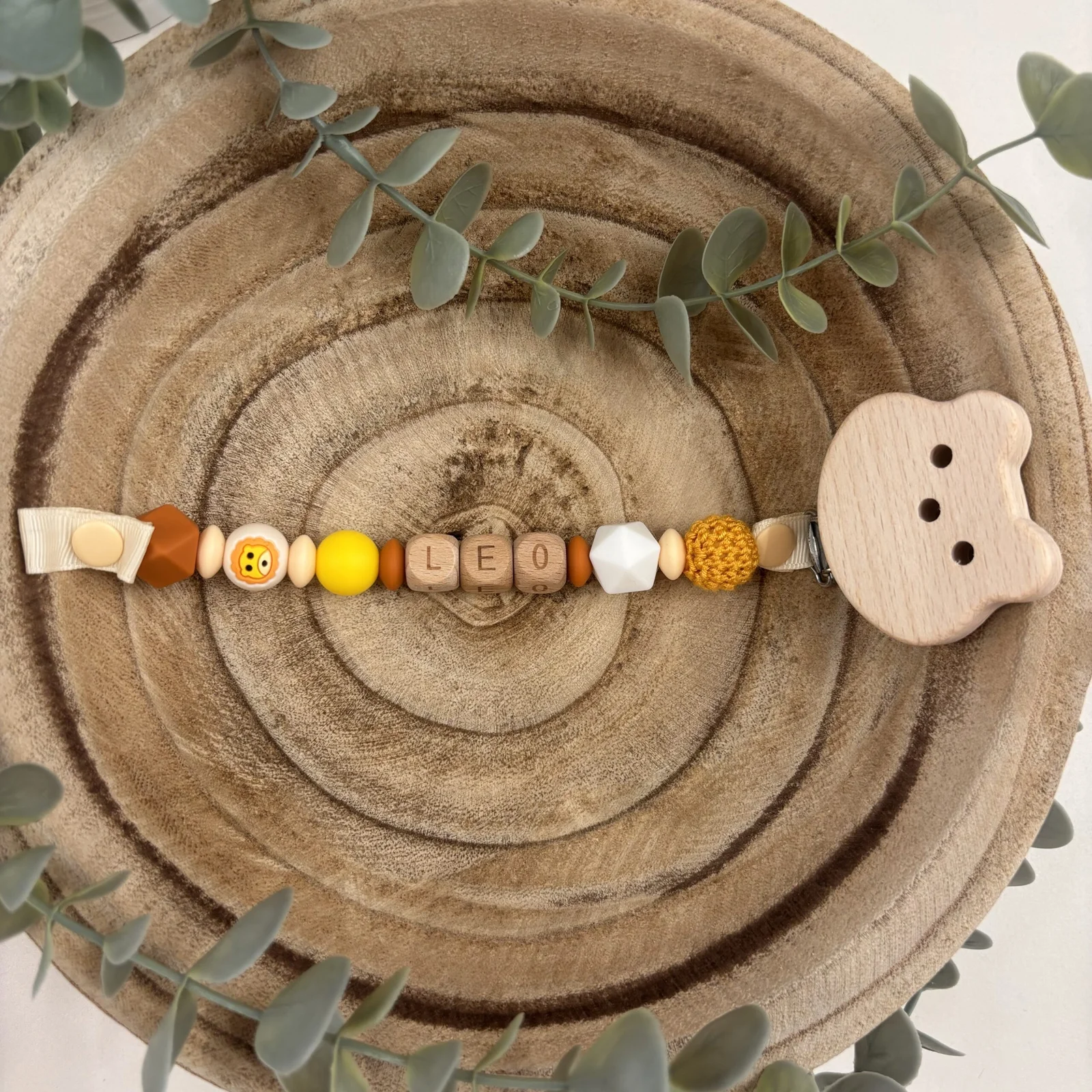 Attache tétine fantaisie lion et ocre