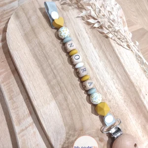 Attache tétine fleurs des champs / jaune moutarde