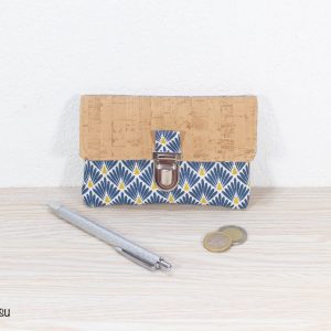 Portefeuille femme compact Simili cuir liège Tissu imprimé fleuri bleu