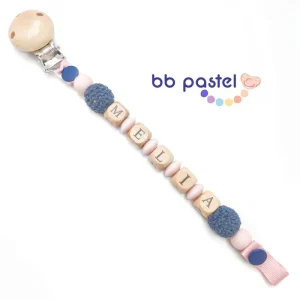 Attache tétine bleu marine et rose