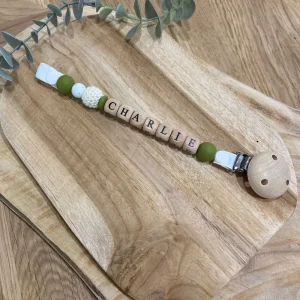 Attache tétine vert olive et blanc granité