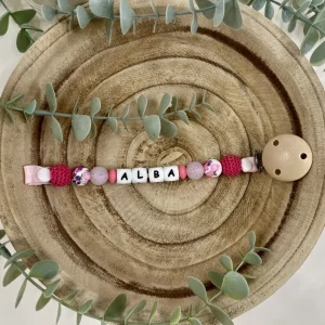 Attache tétine pivoine rose et rose fuchsia